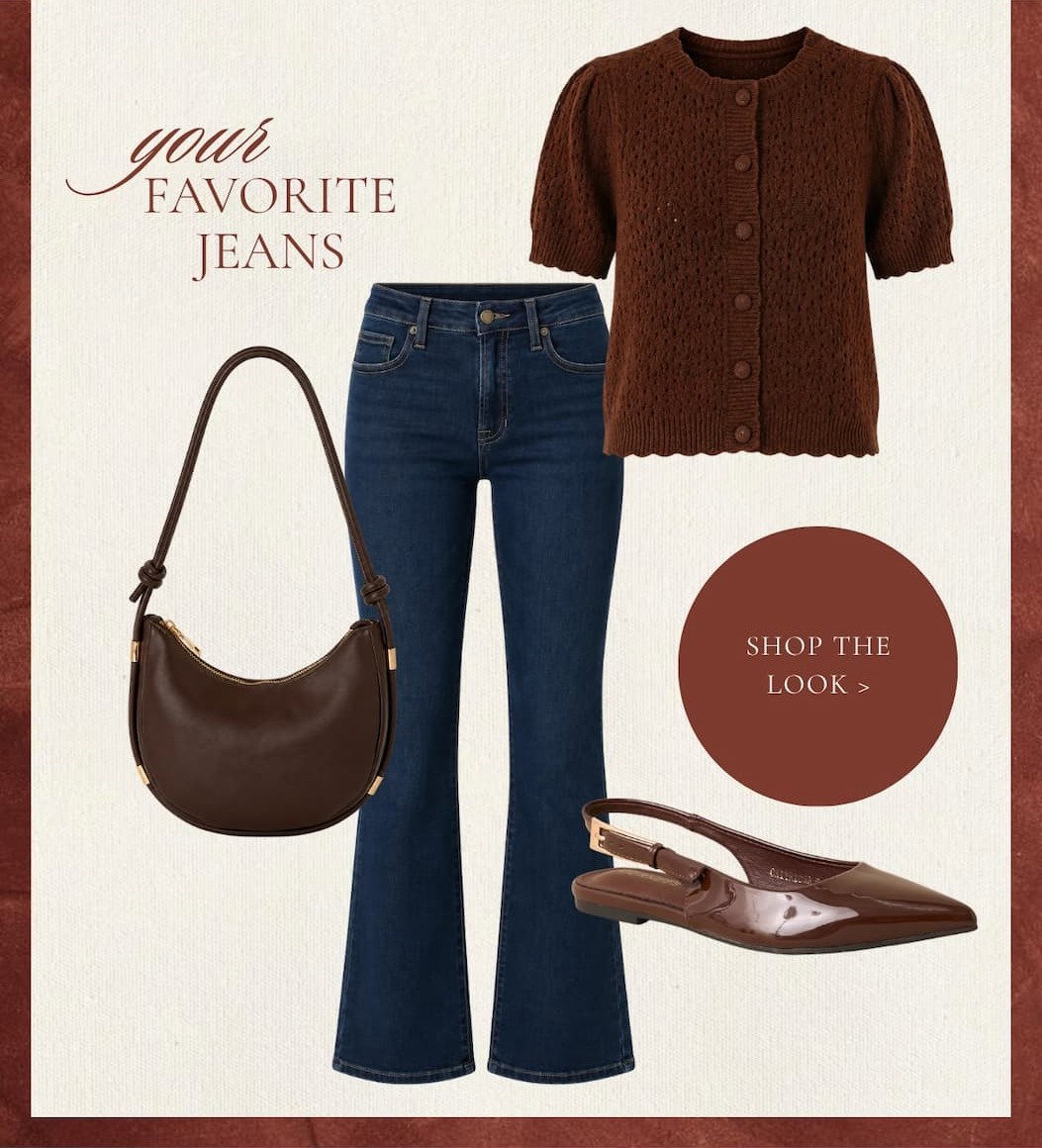 "Your favorite jeans. Shop the Look." Cutout of dark wash jeans and a brown sweater cardigan.