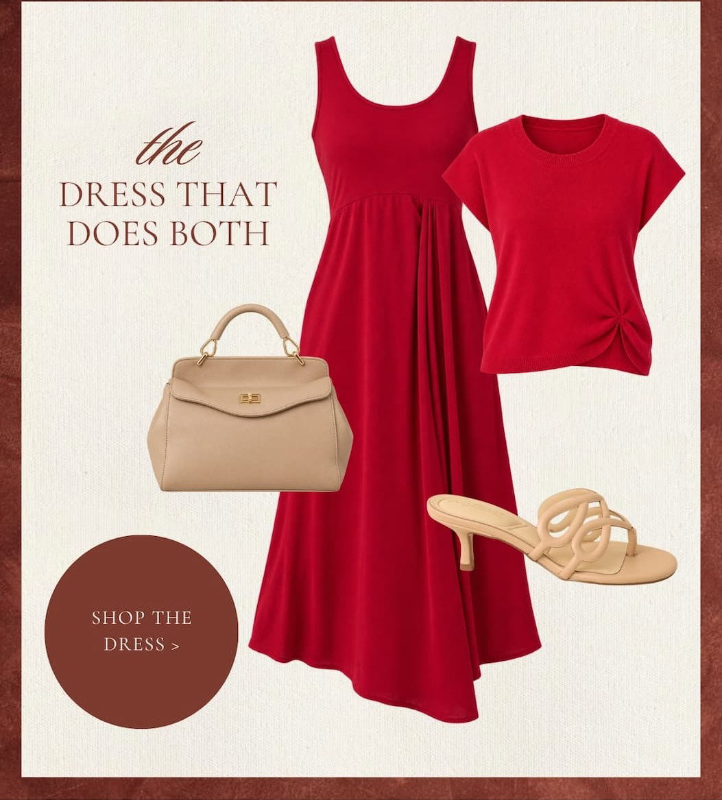 "The dress that does both. Shop the Dress." Cutout of a red midi dress with matching sweater top.