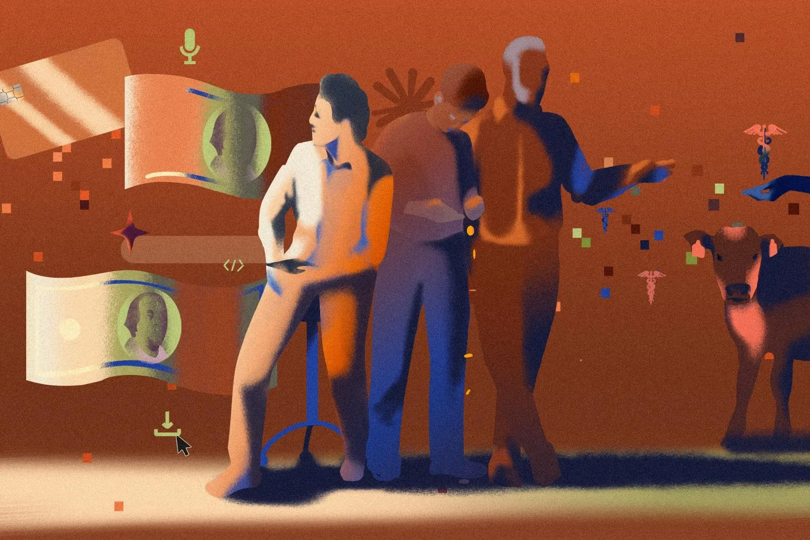 An abstract illustration of people and money | Olga Aleksandrova for Vox