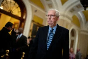 U.S. Senate Minority Leader Mitch McConnell (R-KY) arrives for a news conference following the weekly Senate Republican policy luncheon at the U.S. Capitol on November 19, 2024 in Washington, DC.