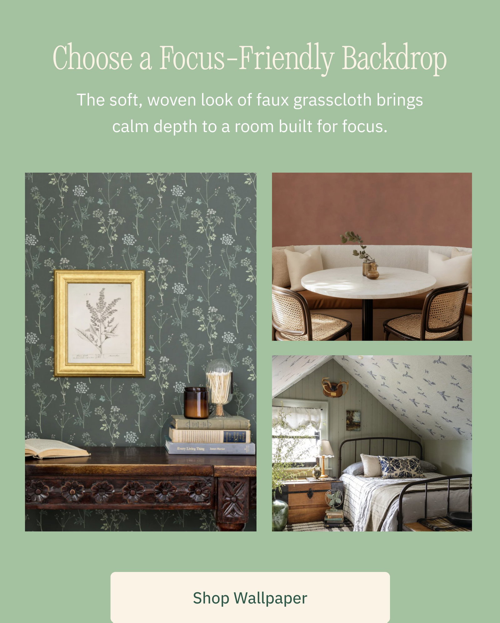 Choose a Focus-Friendly Backdrop The soft, woven look of faux grasscloth brings calm depth to a room built for focus. Shop Wallpaper