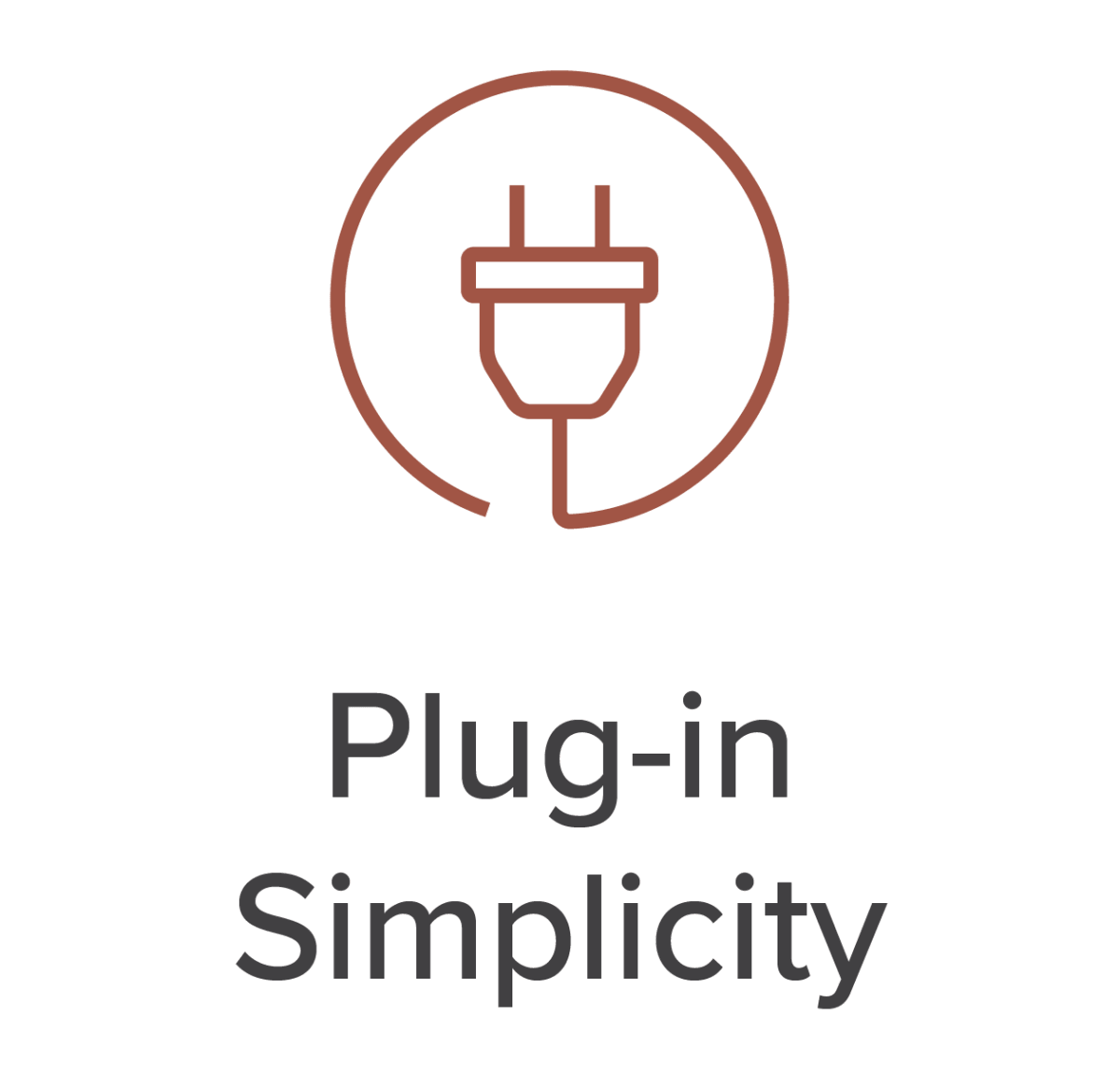 Brown plug icon with text 'Plug-in Simplicity'.