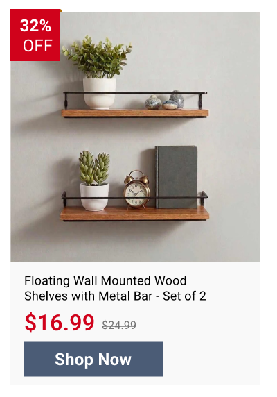 Floating Wall Mounted Wood Shelves with Metal Bar - Set of 2