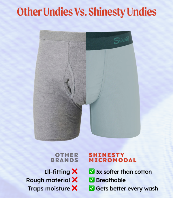 other brands: ill-fitting rough material traps moisture | shinesty micromodal: 3x softer than cotton breathable gets better every wash