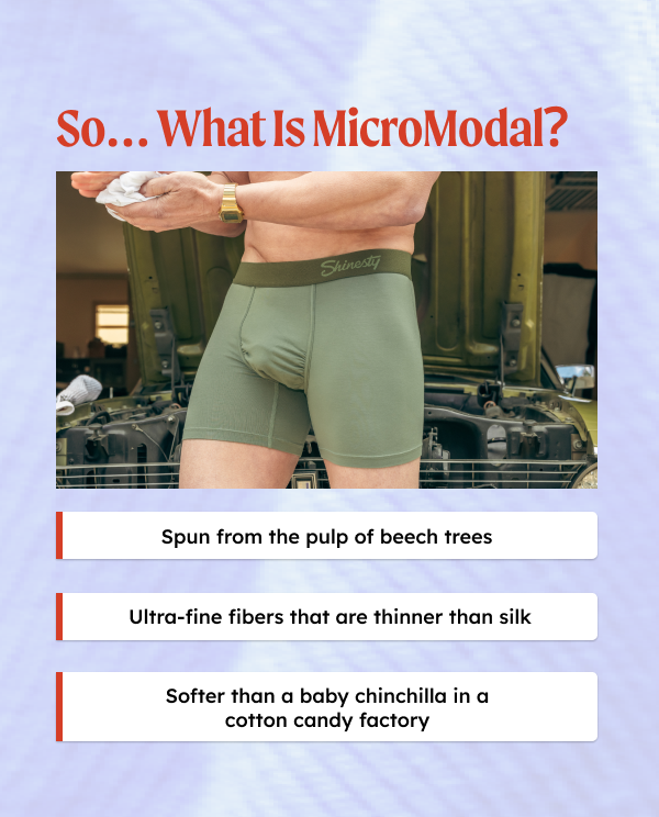 So what is Micromodal?  -Spun from the pulp of beech trees -Ultra-fine fibers that are thinner than silk -Softer than a baby chinchilla in a cotton candy factory
