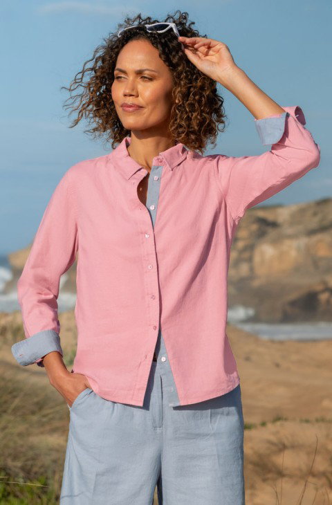Ladies Linen Blend Contrast Trim Shirt