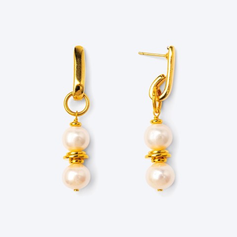 Gold Plated Small Loop Earrings with Pearl Drop