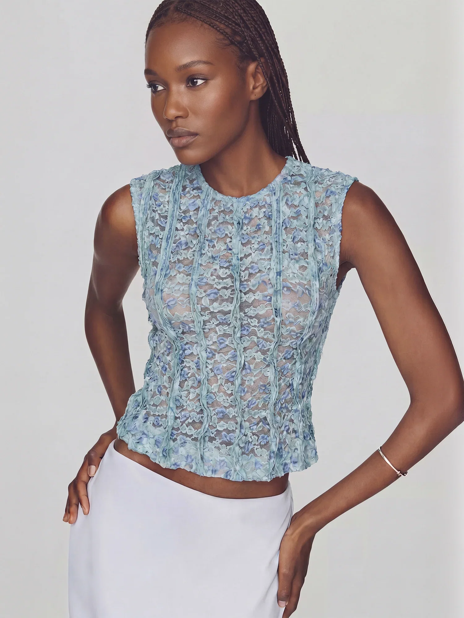 Image of Delicate Mesh Vertical Ruffle Trim Floral Top