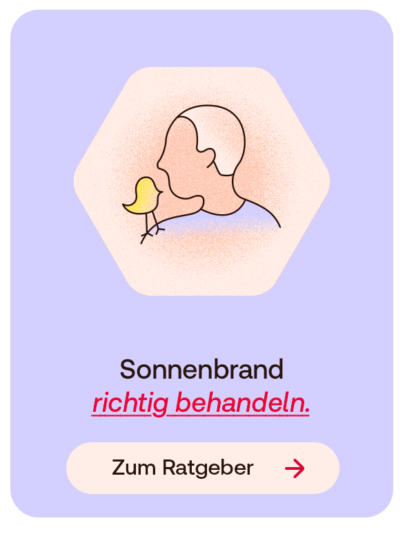 Grafik einer Person mit Vogel auf der Schulter. Darunter Text: Sonnenbrand richtig behandeln. Button: Zum Ratgeber