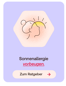 Grafik einer Person, die ihr Gesicht in die Sonne streckt. Darunter Text: Sonnenallergie vorbeugen. Button: Zum Ratgeber