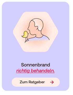 Grafik einer Person mit Vogel auf der Schulter. Darunter Text: Sonnenbrand richtig behandeln. Button: Zum Ratgeber