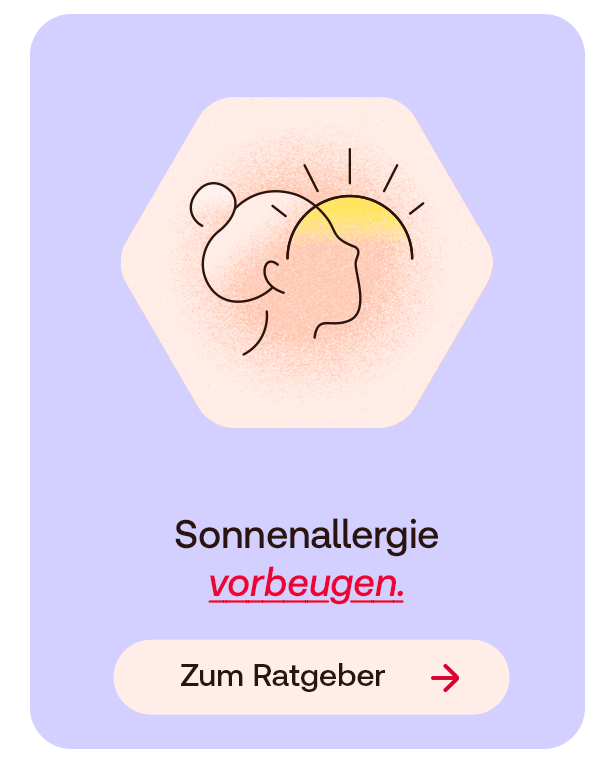 Grafik einer Person, die ihr Gesicht in die Sonne streckt. Darunter Text: Sonnenallergie vorbeugen. Button: Zum Ratgeber