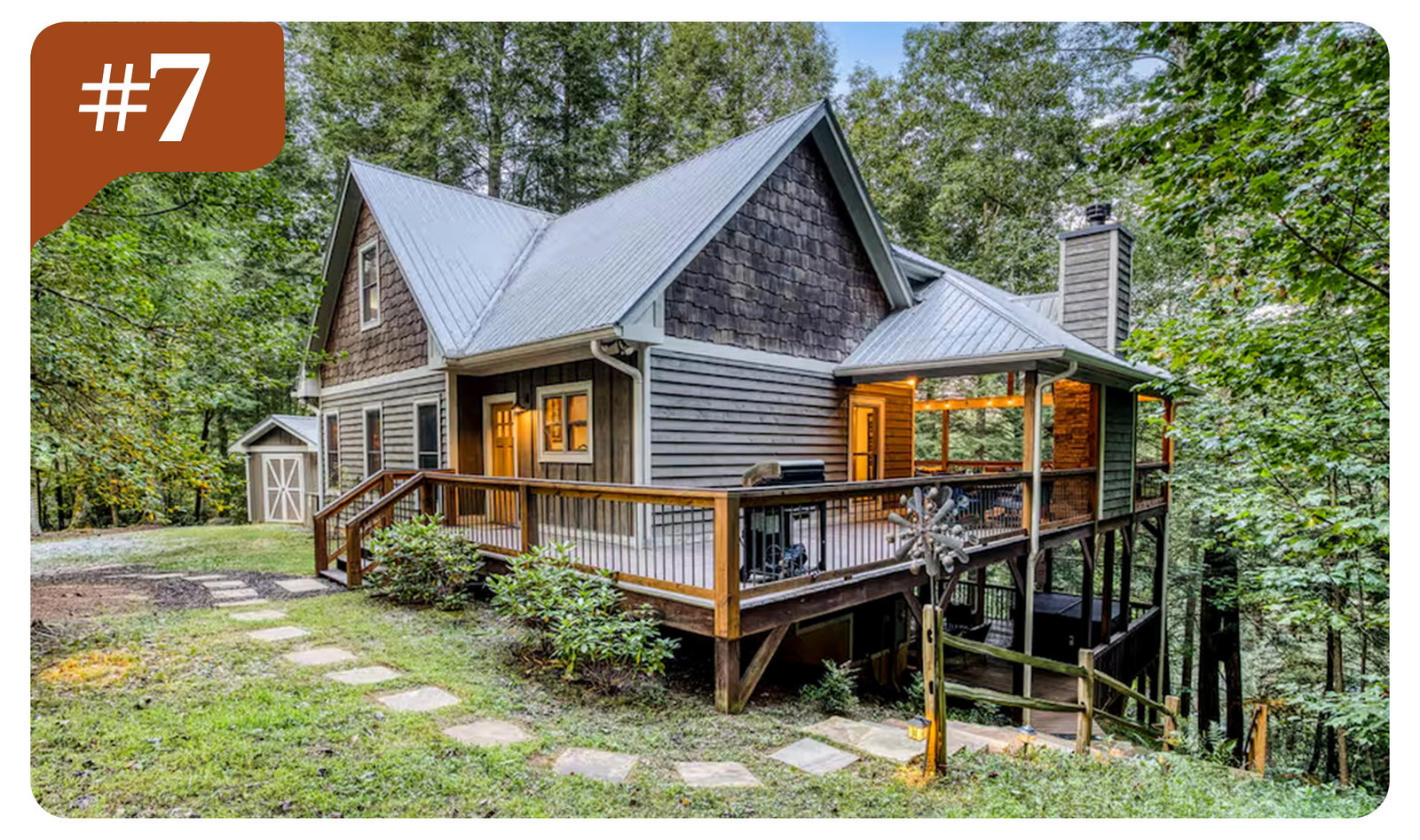 Secluded mountain getaway with wraparound deck, rustic details, and peaceful natural surroundings.