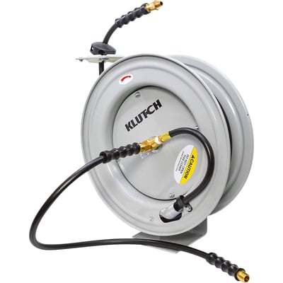 Klutch Auto-Rewind Air Hose Reel, 3/8in. x 50ft. Rubber Hose, 300 PSI, Wall/Ceiling/Floor Mount