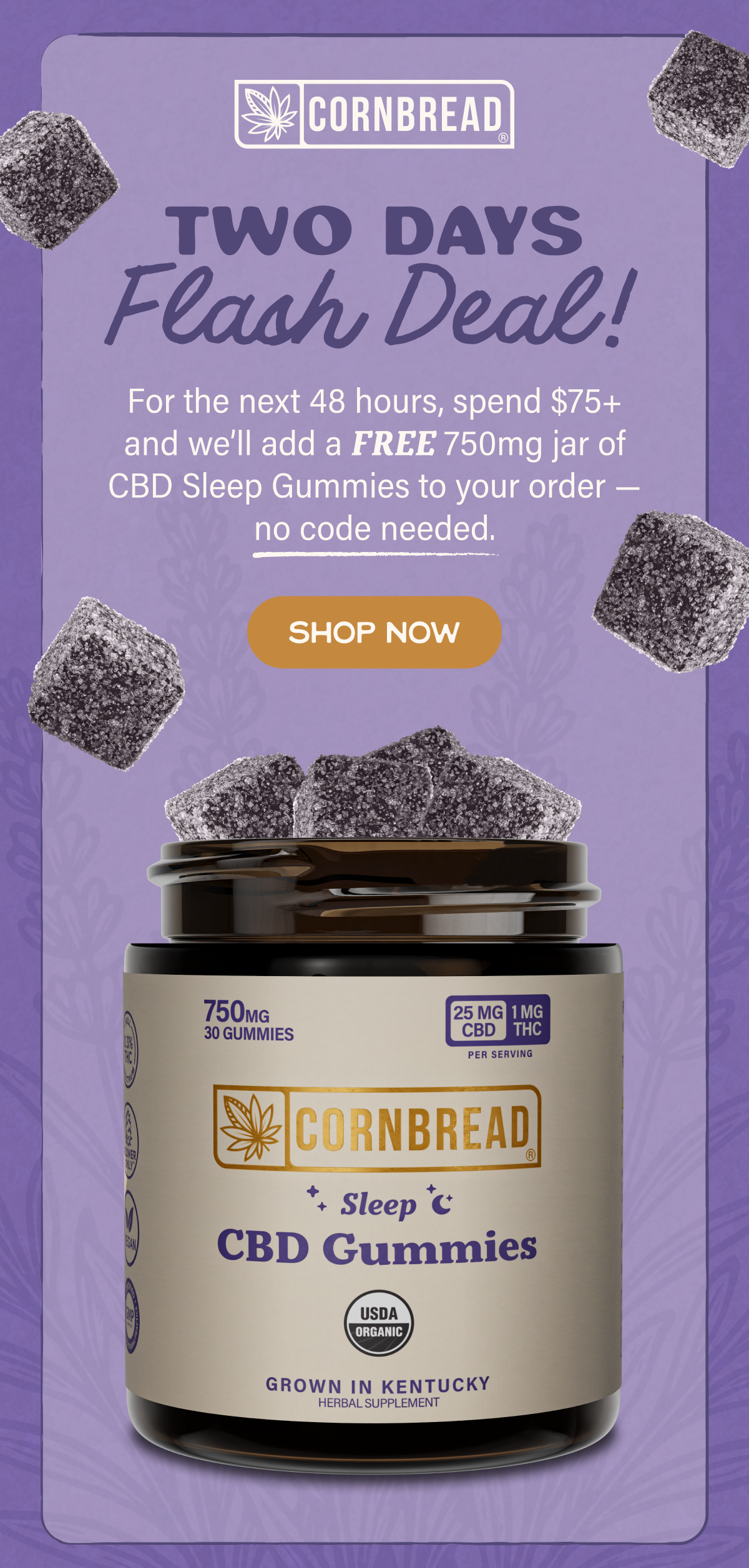 Two days: flash sale! FREE CBD Sleep Gummies on $75+