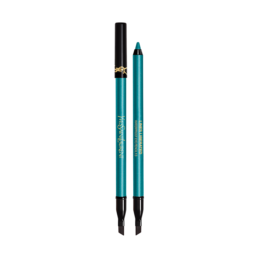 A turquoise YSL waterproof eye pencil shown open next to its cap.