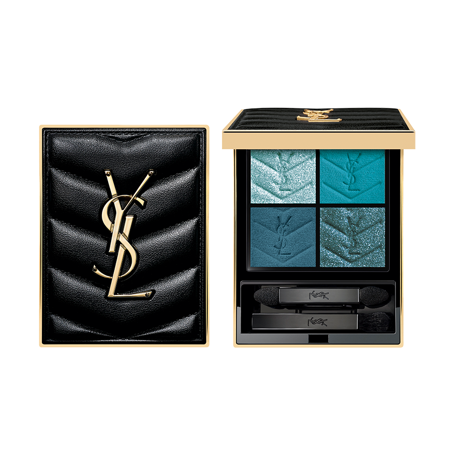 A YSL Couture Mini Clutch eyeshadow palette featuring four shades of turquoise and ocean blue next to its black glittery case.