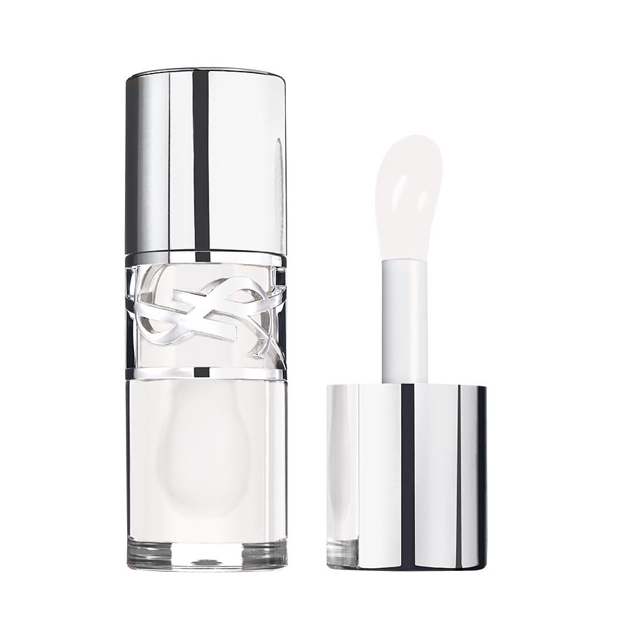 A clear YSL lip oil or gloss in a sleek silver bottle with a plush applicator wand.