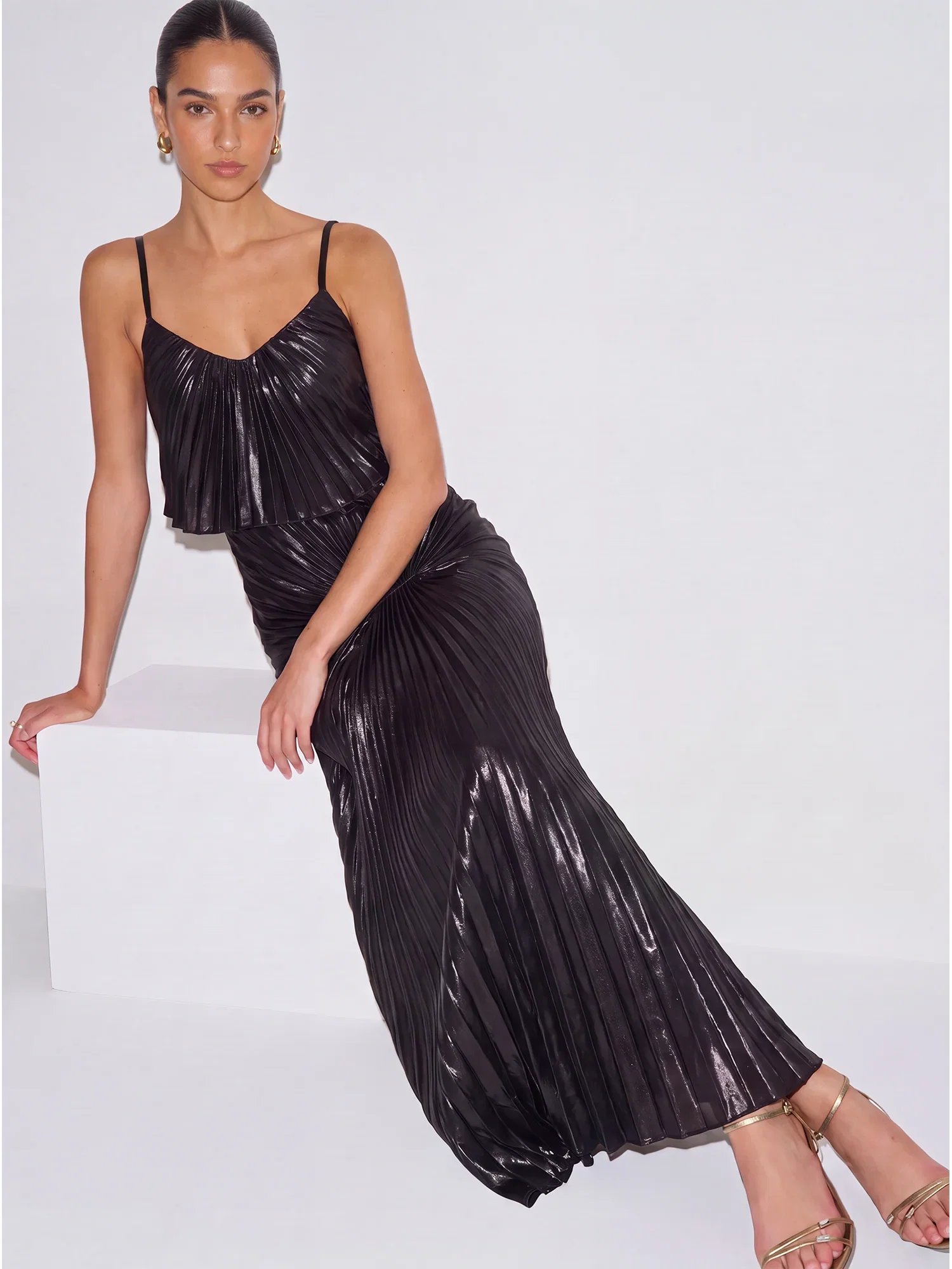 Image of Sleeveless Spaghetti Strap Metalic Pleated Gown