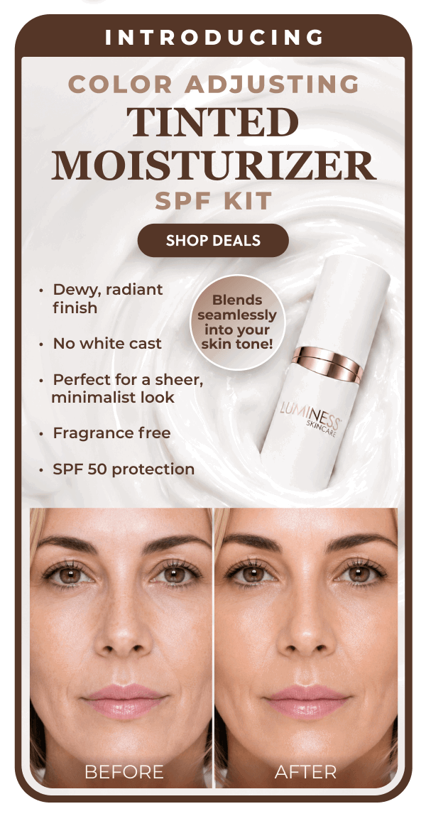 INTRODUCING COLOR ADJUSTING TINTED MOISTURIZER SPF KIT: Dewy, radiant finish. No white cast. Perfect for sheer, minimalist look. Fragrance free. SPF 50 protection.