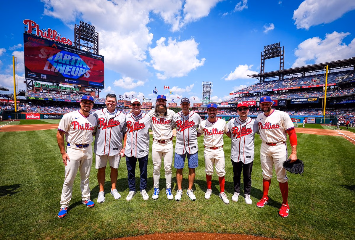 Phillies' 'Moonlight Graham' players pose with current Phillies