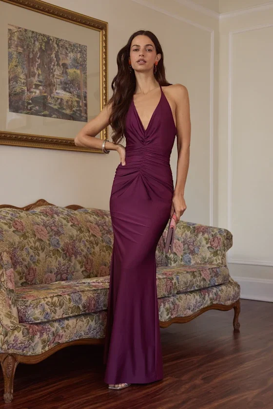 Image of Zaniya Plum Ruched Halter Maxi Dress