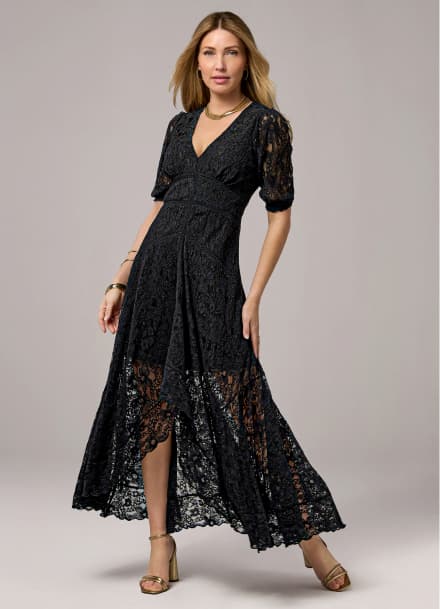 Lace High Low Puff Sleeve Maxi Dress