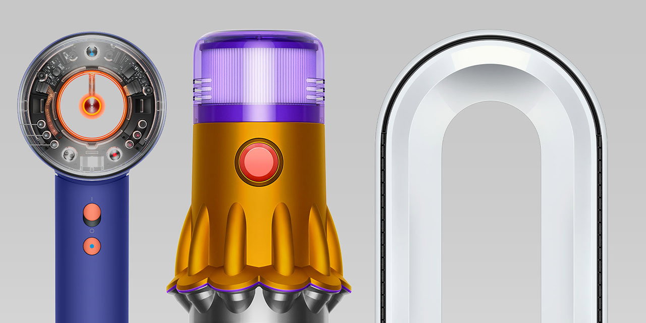 A selection of Dyson machines, including hair dryer, cordless vacuums and fan.
