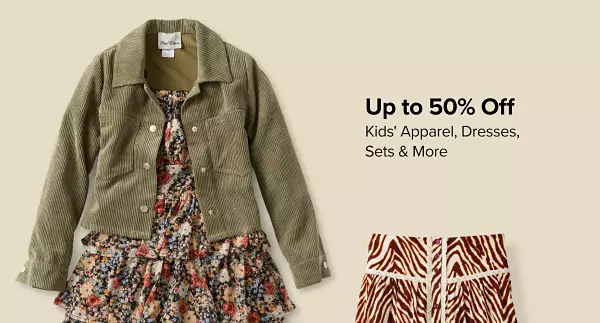 Up to 50% off kids apparel, dresses, sets and more. Shop now. A kids floral dress and green jacket.