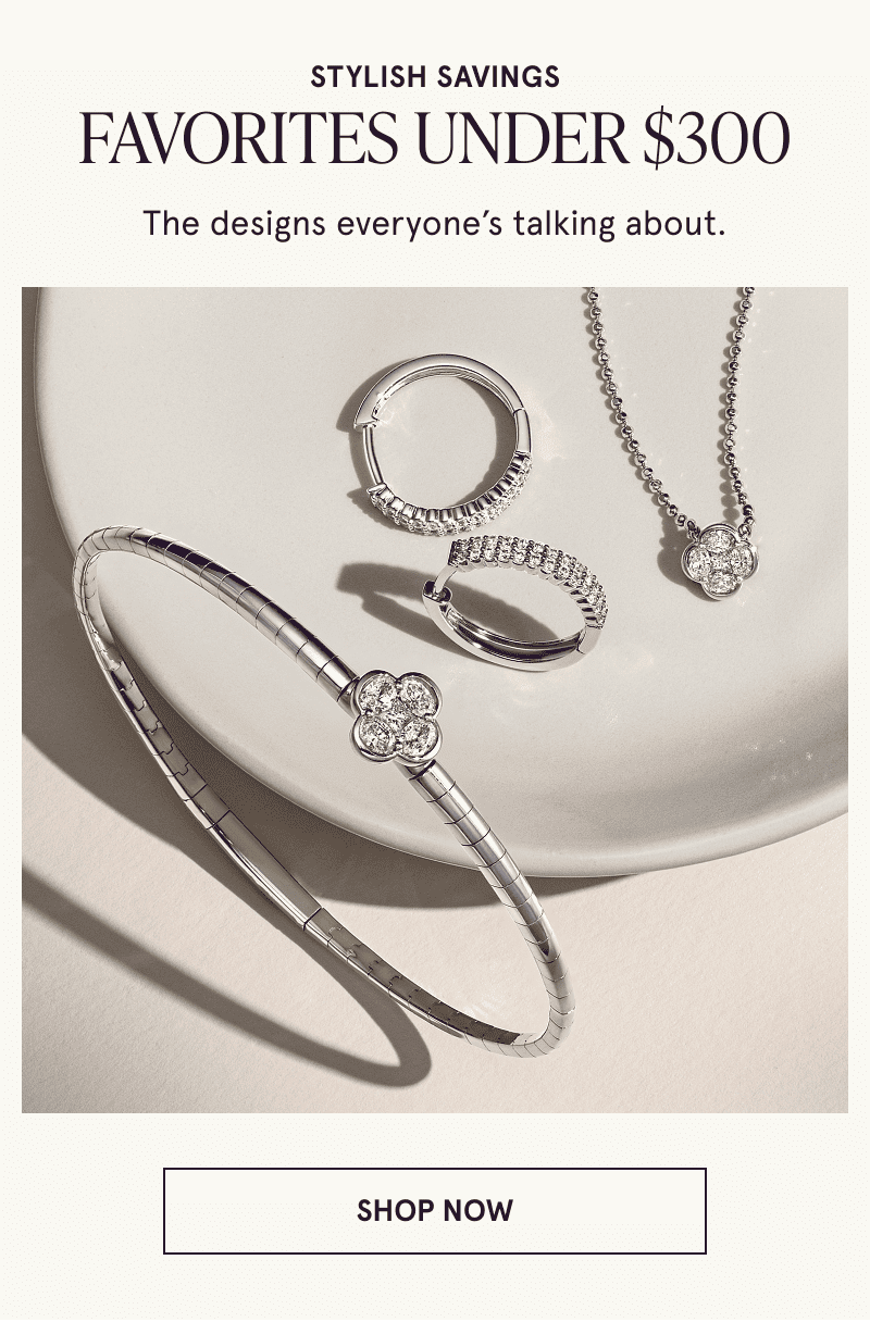 A pair of diamond hoops and jewelry with diamond clover accents. Favorites under $300. Click here to shop now