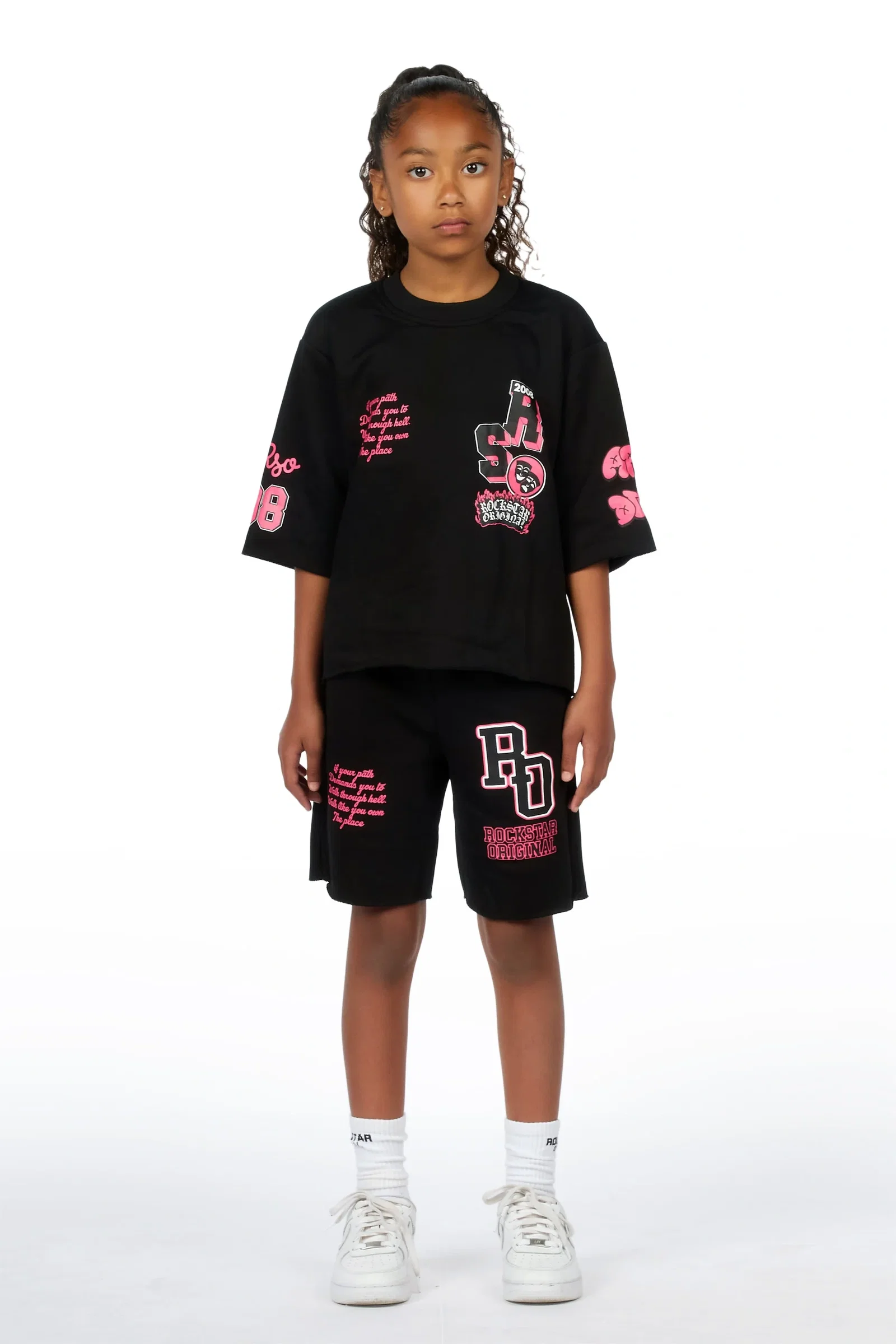 Image of Girls Leslee Black/Pink Boxy T-Shirt Short Set