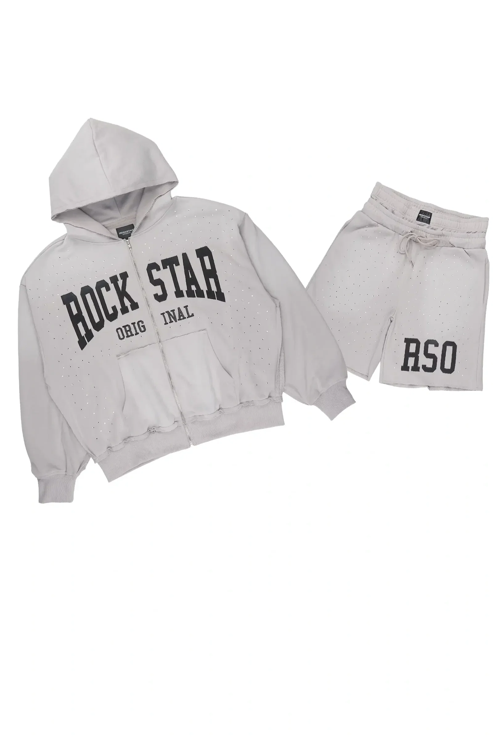 Image of Akila Grey Rhinestone Hoodie Double Waisted Short Set