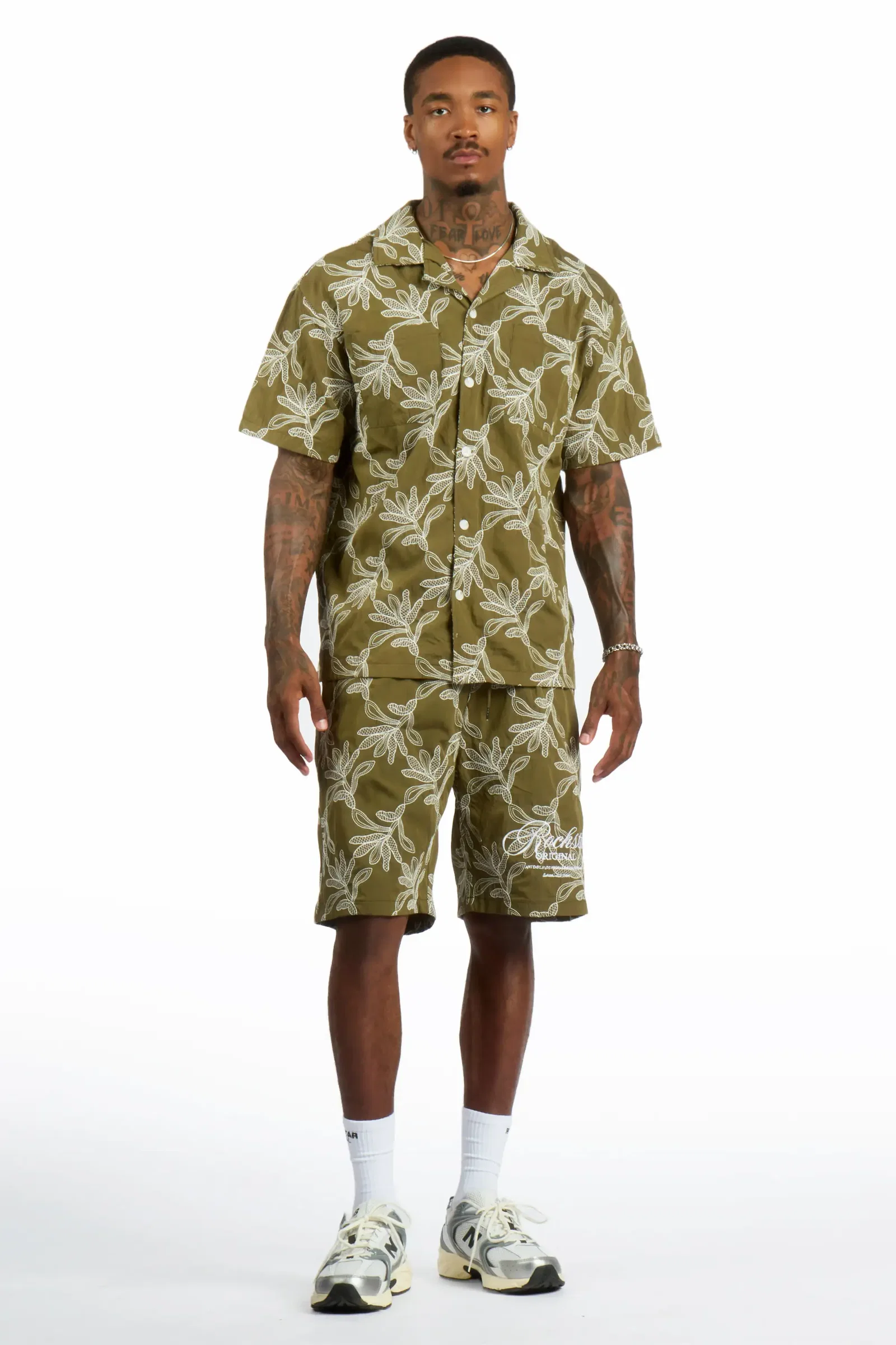 Image of Merle Olive/White Button Down Shirt/Short Set