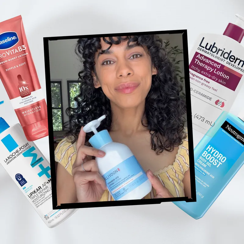 A collage of an Allure editor holding an Illiyoon body lotion alongside other product silos on a creamy white lotion texture background
