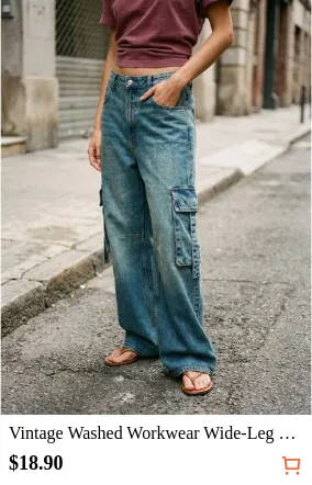 Vintage Washed Workwear Wide-Leg Pants Multi-Pocket Functional Denim Straight-Leg Trousers