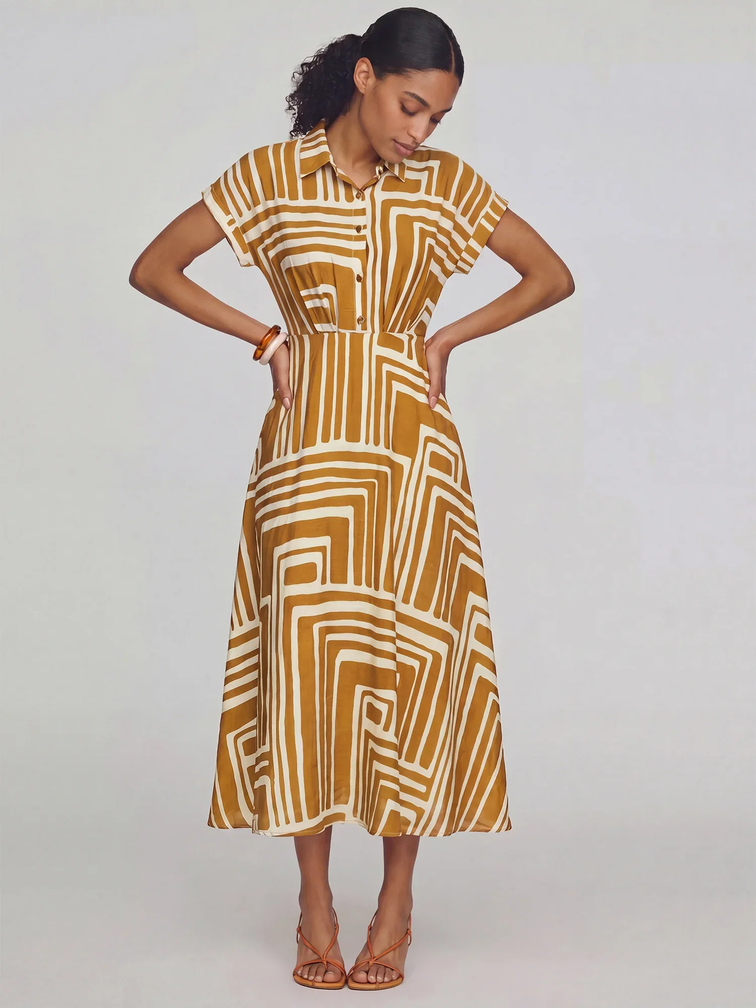 Image of Geo Print Button Down Shirt Midi Dress