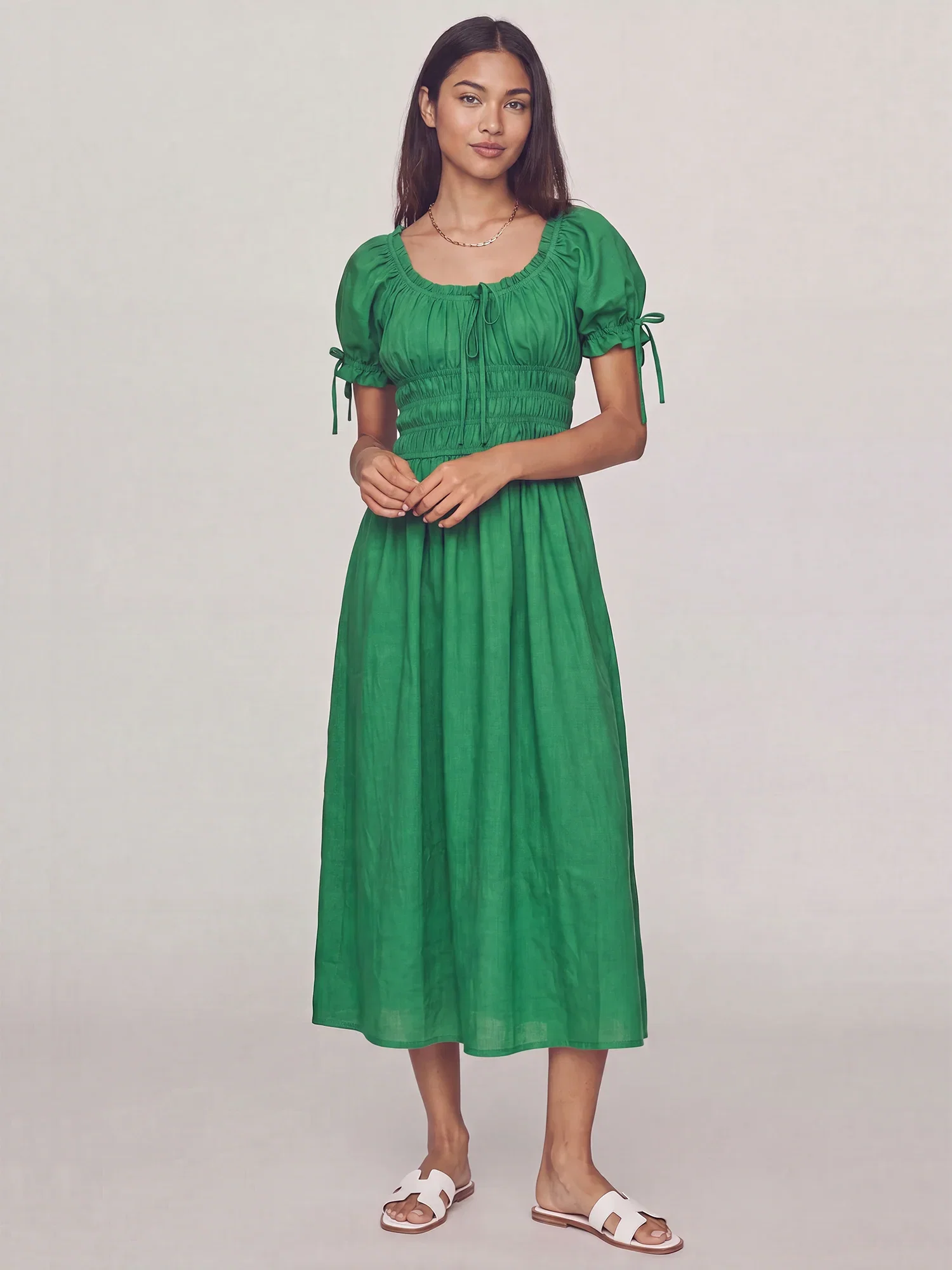 Image of Ruffled Short Puff Sleeve Waist Smocking Midi Dress