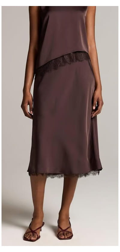 Lace Pull On Satin Slip Skirt In Iron