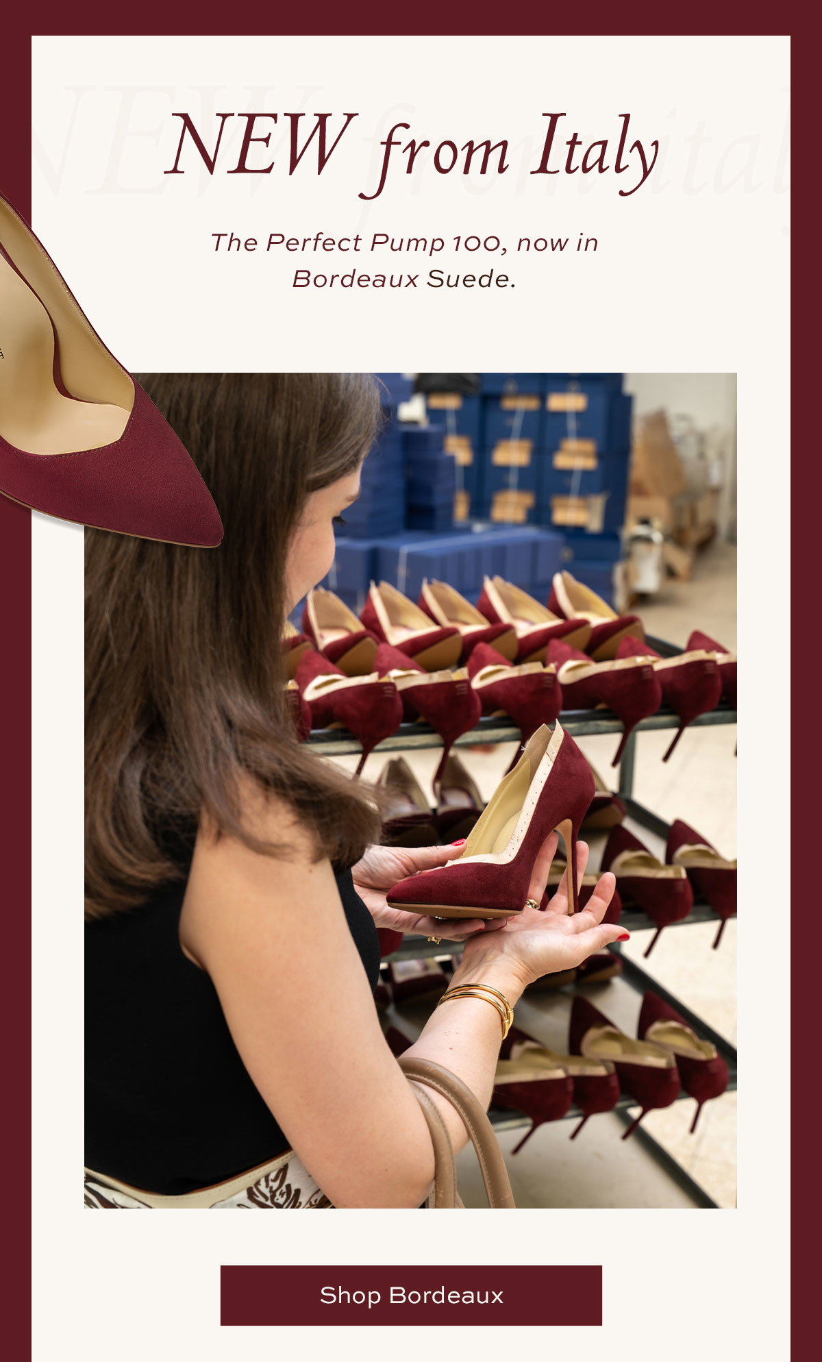 New from Italy: The Perfect Pump 100, now in Bordeaux Suede.