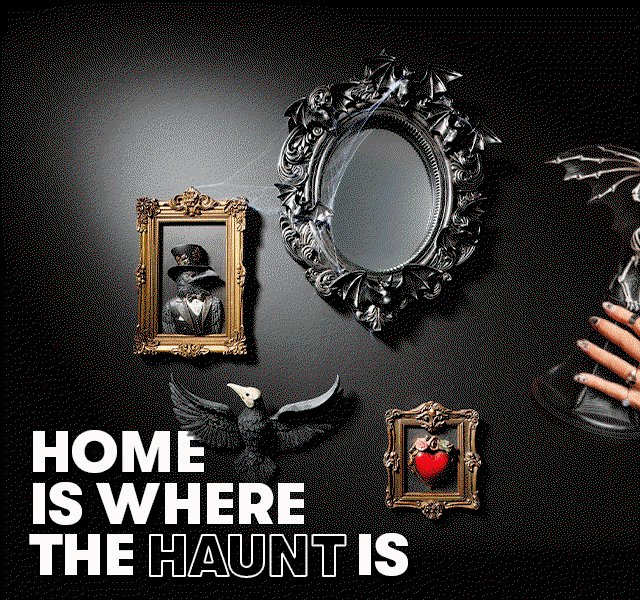 GIF of Halloween-themed wall display with gothic frames and mirror. Text reads “HOME IS WHERE THE HAUNT IS”. 