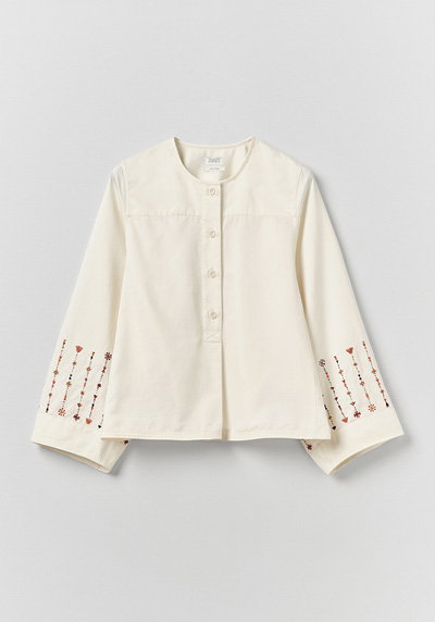 Embroidered Sleeve Cotton Satin Top