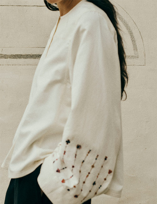 Embroidered Sleeve Cotton Satin Top