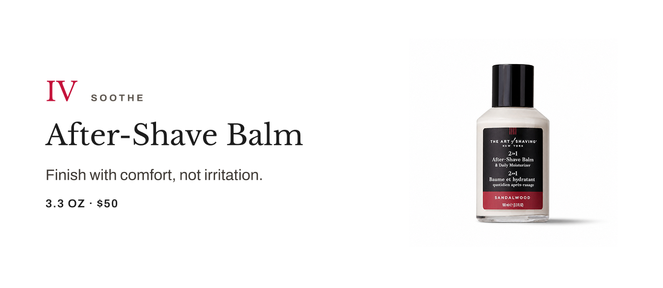 Product image of After-Shave Balm with text explaining it soothes skin after shaving. Features a 3.3 oz bottle for $50.