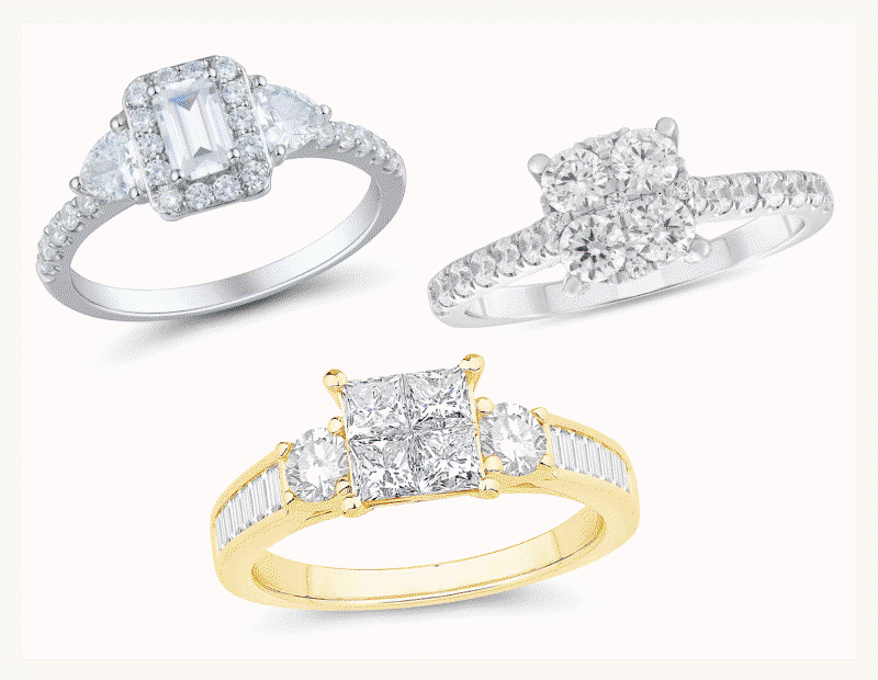 Rotating statement diamond rings, set in different metals & with various shaped-stones with a classical-twist design.
