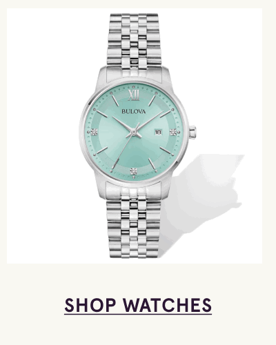 Silver Bulova watch with a multi-link steel bracelet and a round, light turquoise dial. Click here to shop watches