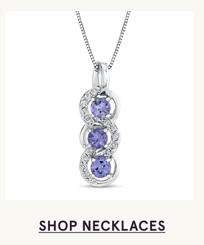 Silver pendant with vertically stacked purple gemstones framed by diamond design. Click here to shop necklaces