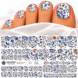 PEDI WRAPS PORCELAIN LINES PL-5 GELAXYO CU 38 DE WRAPURI, 26 DECORAȚIUNI, PILĂ, BEȚIȘOR ȘI MINIRIGLĂ INCLUSE - Un decor floral luxuriant, inspirat de porțelanurile pictate manual.