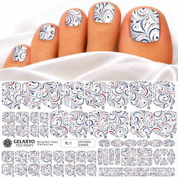 PEDI WRAPS PORCELAIN LINES PL-1 GELAXYO CU 38 DE WRAPURI, 26 DECORAȚIUNI, PILĂ, BEȚIȘOR ȘI MINIRIGLĂ INCLUSE - arabescuri albastre și detalii roșii, pentru o pedichiură cu personalitate și rafinament.