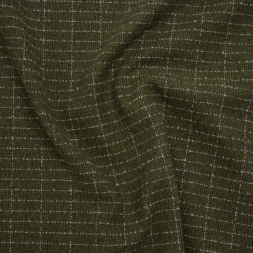 Image of Yarn-Dyed Cotton Flannel - Olive Green and White Rectangle Checks - Deadstock