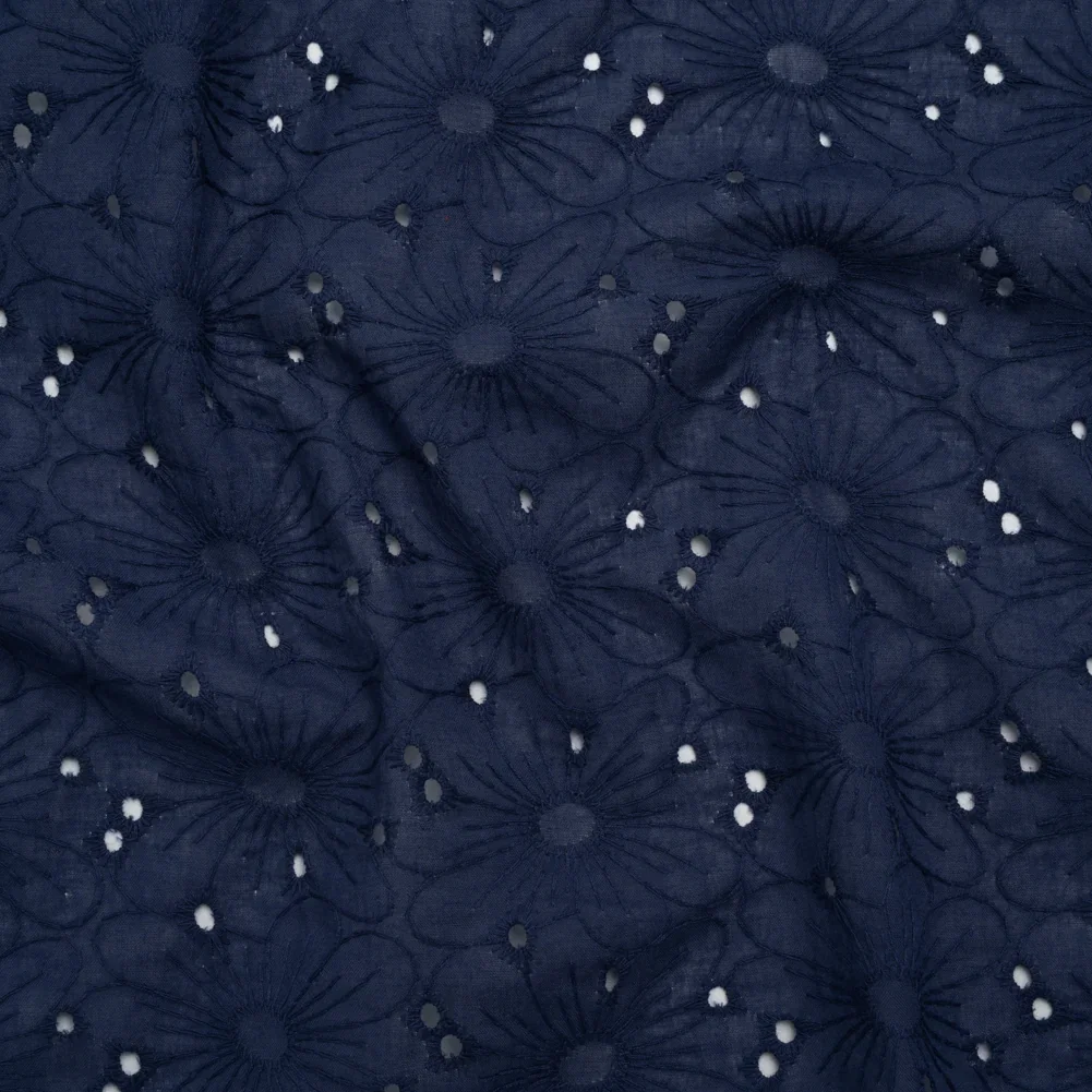 Image of Embroidered Eyelet Cotton Voile - Medieval Blue All-Over Flowers - Naomi Collection